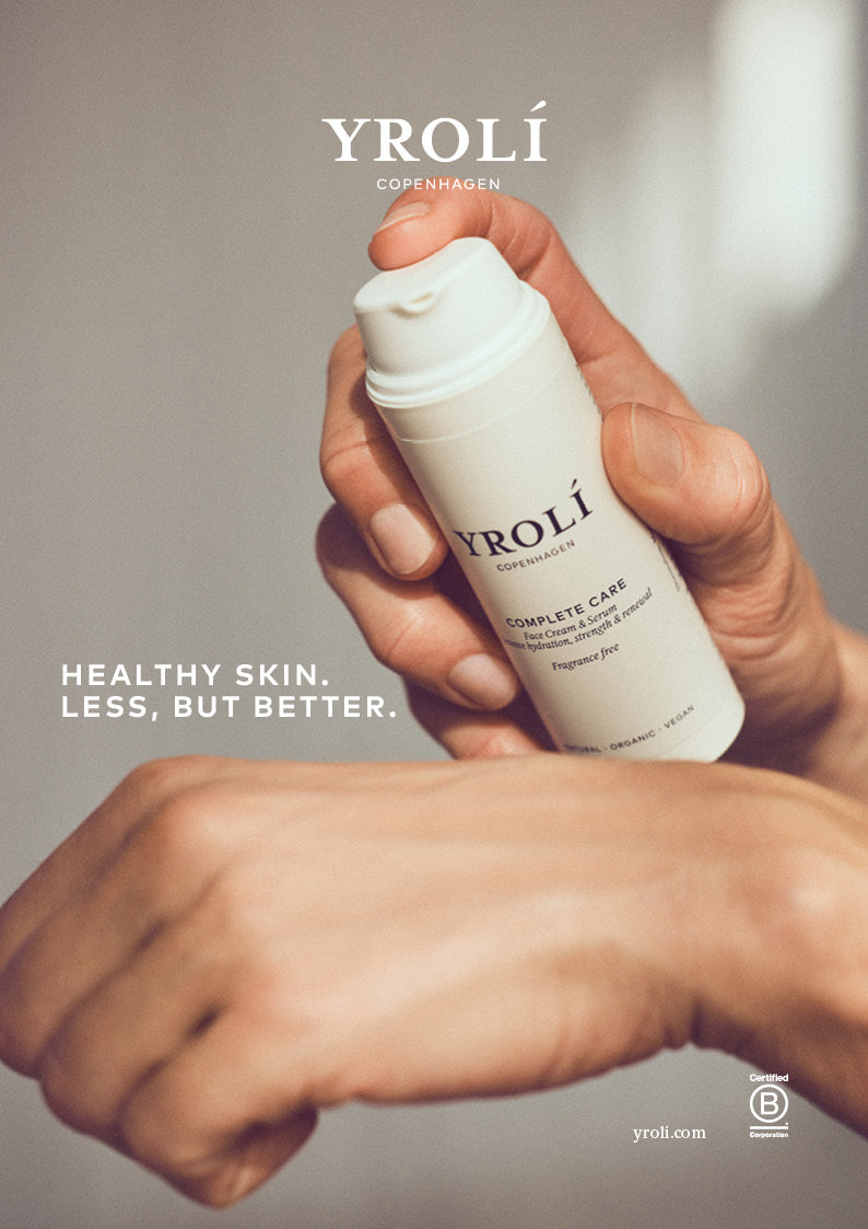 Yrolí Copenhagen: Healthy skin. Complete Care pumpes på en håndryg. Certified B-Corp