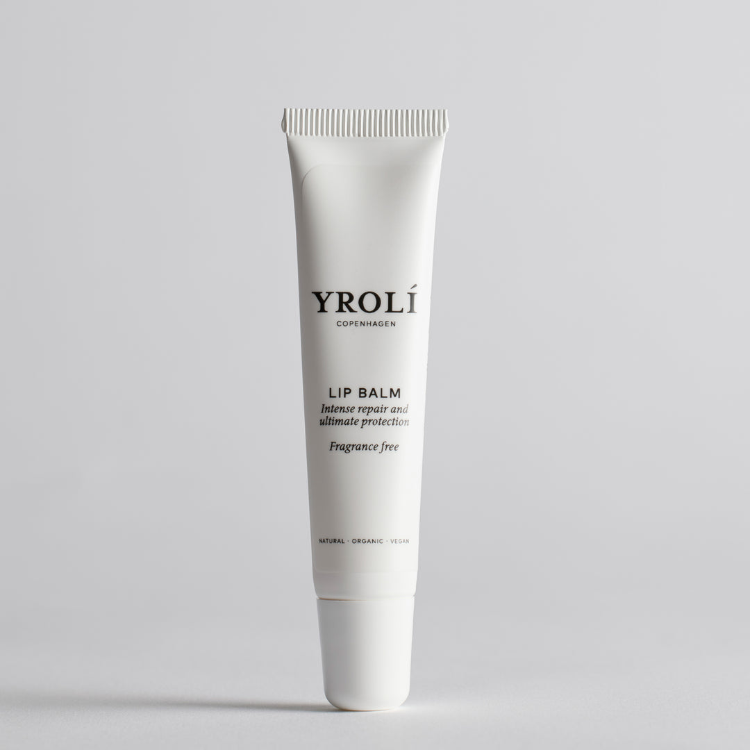 Yrolí Copenhagen Lip Balm 15 ml i hvid tube, parfumefri læbepomad med intens pleje og beskyttelse 