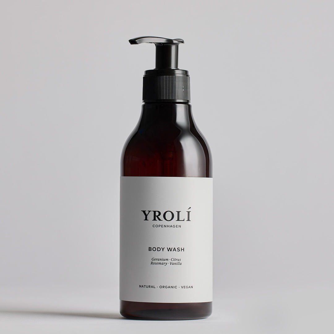 Yrolí Copenhagen Body Wash 300 ml pumpeflaske, økologisk body wash med geranium, citrus, rosmarin og vanilje