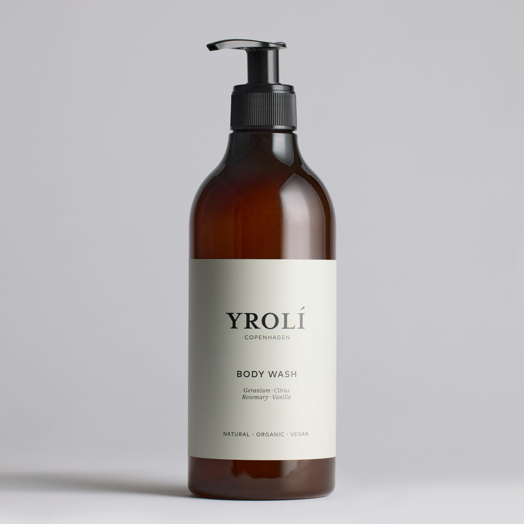 Yrolí Copenhagen Body Wash 500 ml pumpeflaske, økologisk body wash med geranium, citrus, rosmarin og vanilje
