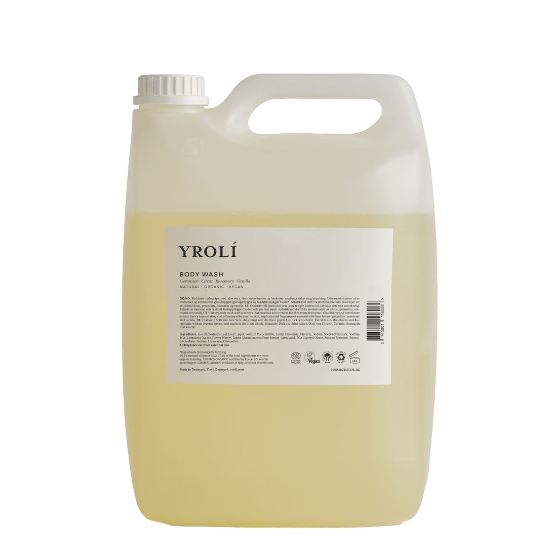 Yrolí Copenhagen Body Wash 5000 ml dunk til genopfyldning, økologisk body wash med geranium, citrus, rosmarin og vanilje