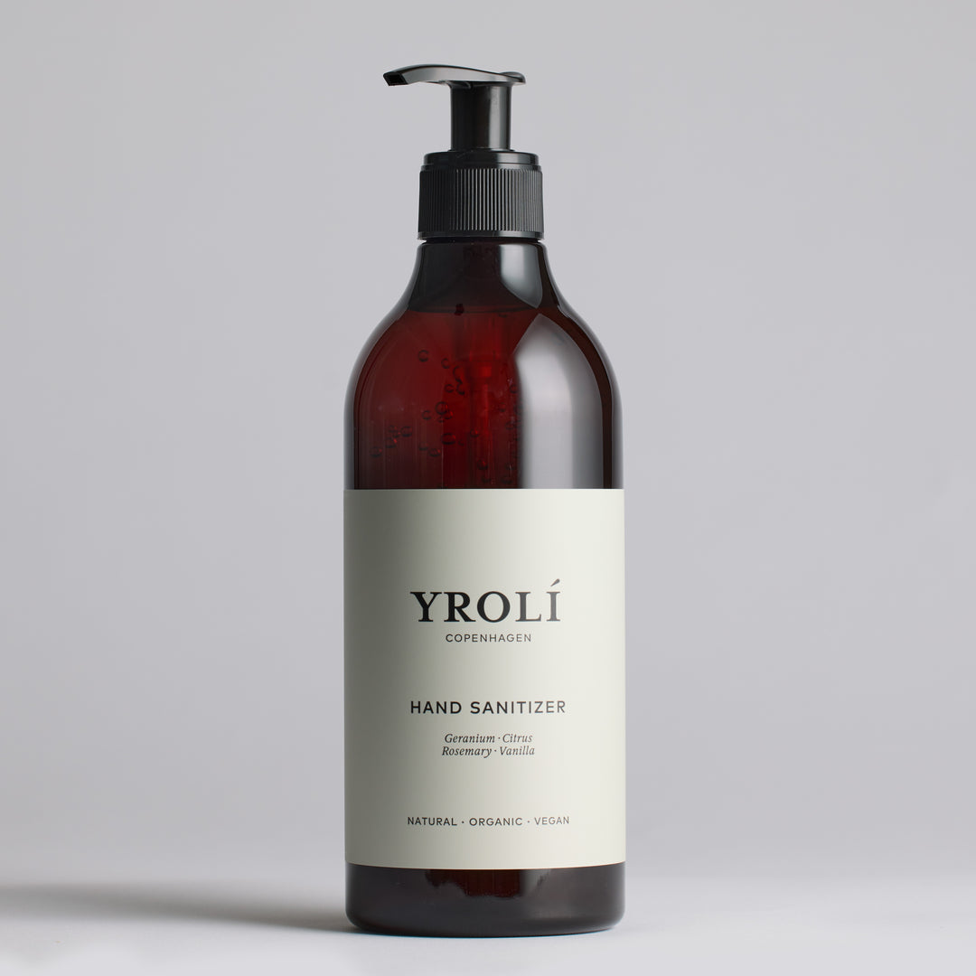 Yrolí Copenhagen Hand Sanitizer 500 ml pumpeflaske, økologisk body wash med geranium, citrus, rosmarin og vanilje