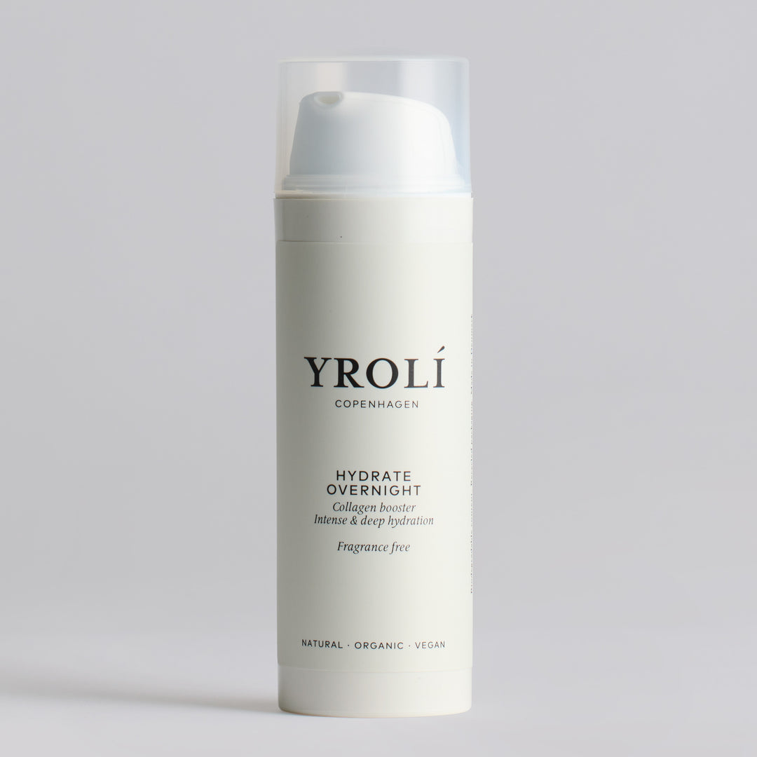 Yrolí Copenhagen Hydrate Overnight 50 ml i hvid pumpeflaske, parfumefri natpleje med kollagenbooster og dyb fugt
